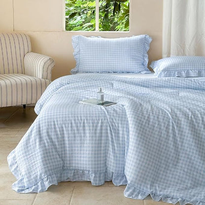 NSNLGSGC Light Blue Ruffle Gingham Comforter Set King, Pre-Washed Ruffled Plaid Checked Comforter Bedding, 3 Pieces Vintage Farmhouse Grid Bedding Set(Blue Gingham, King)