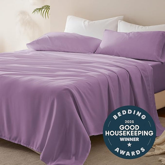 SLEEP ZONE Nanotex Super Soft Cooling Queen Bed Sheets Set 4 Piece - Easy Care Fitted Flat Sheet & Pillowcase Sets - Wrinkle Free, Fade Resistant, Deep Pocket 16" (Lavender, Queen)