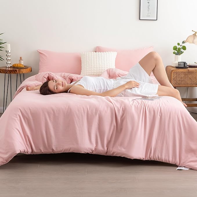 COTTEBED Fluffy Light Pink Comforter Set - Queen/Full Size - Ultra Soft Lightweight Washed Cotton Down Alternative - Blush Pink with Pillow Shams - All Season