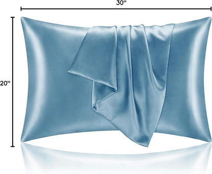 BEDELITE Satin Pillowcase with Zipper, Airy Blue Pillow Cases Queen Size Set of 2, Super Soft and Cooling Similar to Silk Pillow Cases, Gift for Women Men(20x30 Inches)