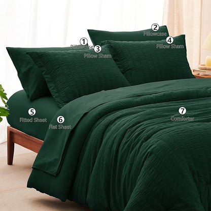 CozyLux Full Size Comforter Sets with Sheets 7 Pieces, Emerald Green Seersucker Bed in a Bag Textured Luxury Soft Bedding Sets with Down Alternative Comforter, Sheets, Pillowcases & Shams All Season