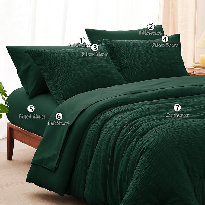 CozyLux King Size Comforter Set Emerald Green Seersucker 7 Pieces Bed in a Bag King Comforter Set with Sheets, Luxury Bedding Sets with Down Alternative Comforter, Sheets, Pillowcases & Shams