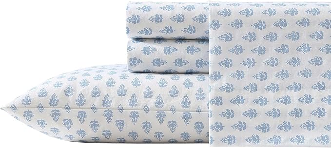 Laura Ashley - Queen Sheet Set, Crisp & Cool Sheets w/a Naturally Smooth Cotton Percale Feel, Deep Pocket, Bed Sheets with Matching Pillowcases & Fitted Sheet (Francesca Blue)