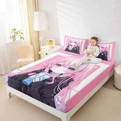 Erosebridal 3D Japanese Full Bed Sheets for Kids Boys Girls Anime Girl Drinking Milk Tea Fitted Sheet,Cute Kawaii Girly Bedding Sets Modern Fashion Aesthetic Sheets with 2 Pillowcases