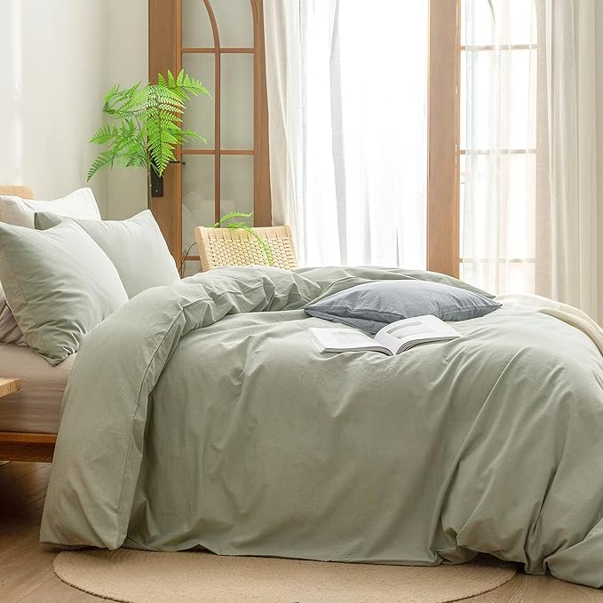 BESTOUCH Duvet Cover Set 100% Washed Cotton Linen Feel Super Soft Comfortable Chic Lightweight 3 PCs Home Bedding Set Solid Sage Green Oversized King
