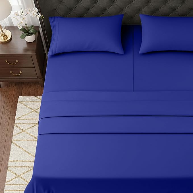 Elegant Comfort Luxurious 1500 Premium Hotel Quality Microfiber Three Line Embroidered Softest 5-Piece Bed Sheet Set, Wrinkle and Fade Resistant, Split King, Royal Blue