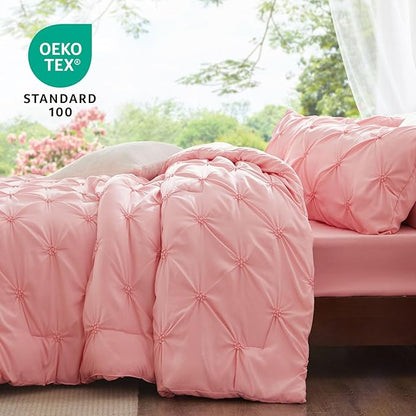 BEDELITE Pink Comforter Set Full - 3 Peices Boho Pintuck Bedding Comforter Sets, Lightweight Soft & Warm Twin Bedding Sets with 2 Pillowcase for All Season