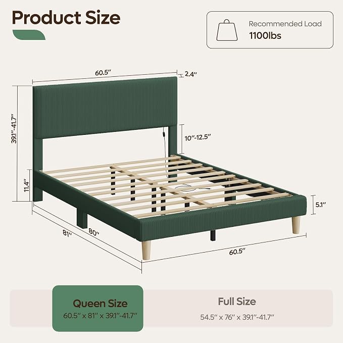 Bestier Queen Platform Bed Frame with Headboard LED Light,Upholstered,Green | No Squeaks,Easy Assembly,LED Lighting Headboard,Vertical Channel Corduroy Upholstered,Wood Slats Support,No Box Spring Needed