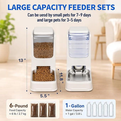 Automatic Cat Dog Feeder and Water Dispenser Set with Stainless Steel Bowl | Automatic Cat Feeder and Water Dispenser Set with Dog Stainless Steel Feed Bowl Pet Gravity Self Feeding and Waterer *2