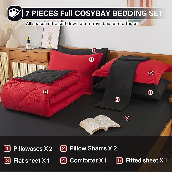Cosybay Bed in a Bag Full Reversible Comforter Sets 7pcs All Season Down Alternative Bedding Sets Red and Black with Comforter, Pillow Shams, Flat Sheet, Fitted Sheet and Pillowcase