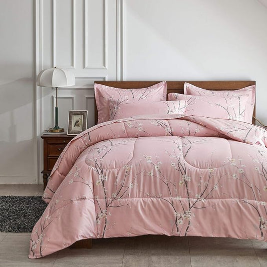 AIKASY Bed in a Bag 6 Pieces Twin Size - Floral Print - Soft Microfiber, Reversible Bed Comforter Set (1 Comforter, 2 Pillow Shams, 1 Flat Sheet, 1 Fitted Sheet, 1 Pillowcases)（Pink, Twin）