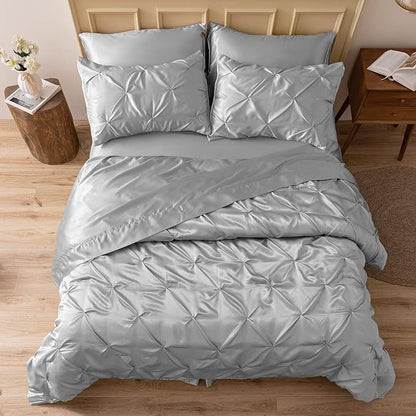 MR&HM Satin Comforter King 7 Pieces - Luxurious Pinch Pleat Bedding Set with Comforter, Flat Sheet, Fitted Sheet, Pillowcases & Shams, Super Silky Soft Bed Set for All Season (King, Silver Grey)