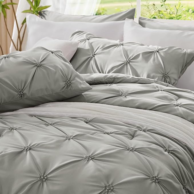 BEDELITE Grey Queen Comforter Set - 3 Pieces Boho Pintuck Bedding Comforter Sets, Lightweight Soft & Warm Bed Comforter Queen with 2 Pillowcases for All Season