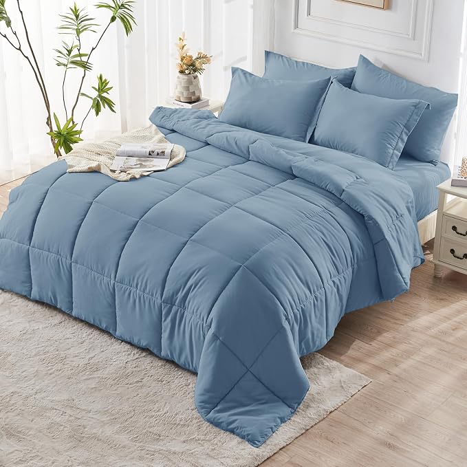 JOLLYVOGUE Queen Comforter Set, Ultra-Soft Bed in a Bag Queen Size 7 Pieces, Oeko-TEX Certified Bedding Set with Down Alternative Comforter, Sheets, Pillowcases & Shams, Dusty Blue