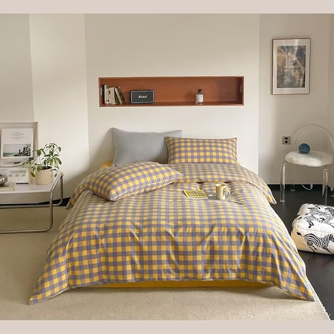 MKXI Purple & Yellow Plaid Duvet Cover Set - 3 Piece Washed Cotton Reversible Bedding King Soft Vintage Checkered Design with Zipper Closure & Corner Ties