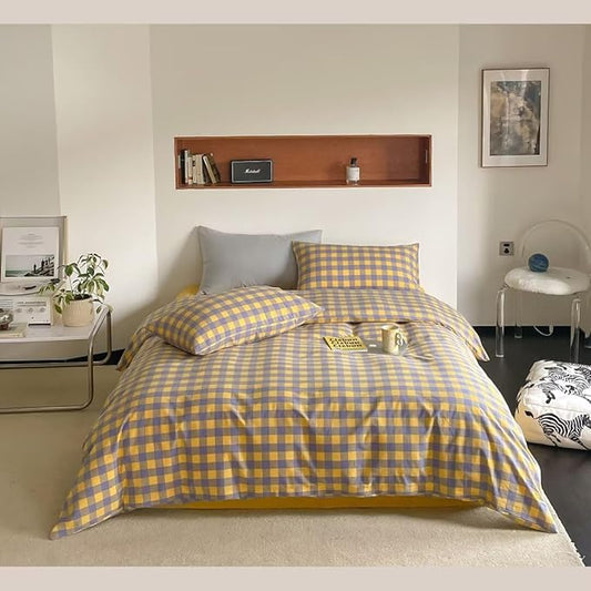 MKXI Purple & Yellow Plaid Duvet Cover Set - 3 Piece Washed Cotton Reversible Bedding King Soft Vintage Checkered Design with Zipper Closure & Corner Ties
