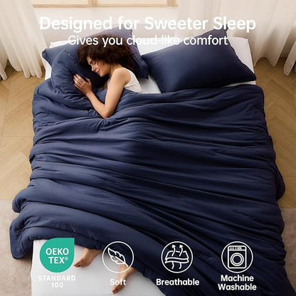 MUXHOMO King Size Comforter Set, All Season Ultra Soft Down Alternative Bedding - 3 Piece Lightweight Bed Set Includes 1 Comforter (104"x90") and 2 Pillow Shams (20"x36"), Navy Blue