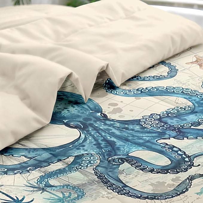Comforter Set Twin Size, Octopus Beach 5 Pcs Bedding for Kids and Adults, Summer Sea Animal Bed Sheet Sets with Fitted Sheet Pillowcase & Sham for Bedroom Bed Decor