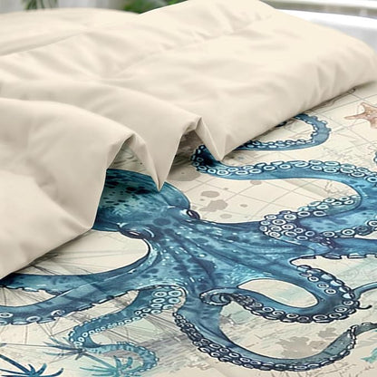 Comforter Set King Size, Octopus Beach 7 Pcs Bedding for Kids and Adults, Summer Sea Animal Bed Sheet Sets with Fitted Sheet 2 Pillowcase & 2 Sham for Bedroom Bed Decor