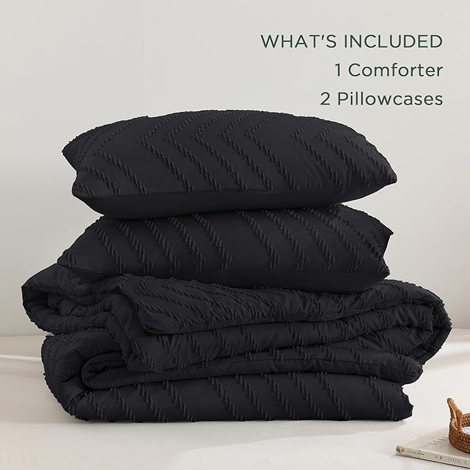 Andency Black Comforter King, Boho Soft Fluffy Warm Lightweight Bedding Comforter Sets for King Bed, 3 Pieces Chevron Tufted Aesthetic Microfiber Lightweight Comforter Set