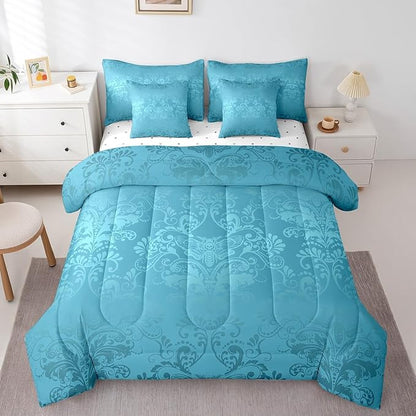 Erosebridal Gothic Damask Bed in a Bag King Size Comforter Set 7 Pieces,Exotic Moth Bedding Sets Teal Victorian Floral Goth Sheet Set with Comforter