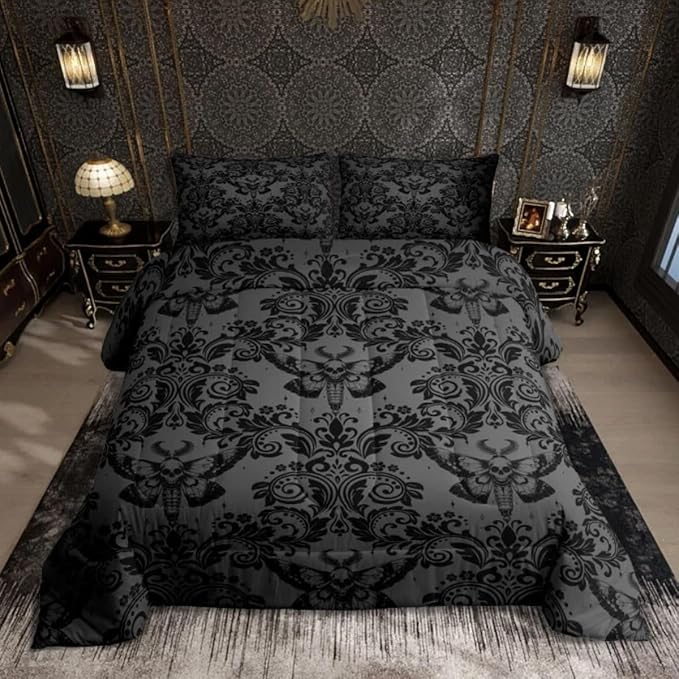 Feelyou Adults Gothic Comforter Set King Size Dark Olive Green Damask Comforter Death Moth Bohemia Boho Bedding Set Goth Skull Duvet Set Vintage Victorian Baroque Floral Quilt Set 3Pcs