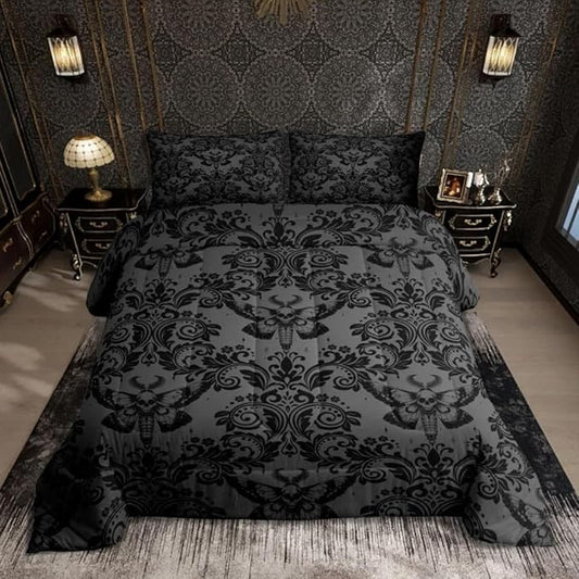 Feelyou Adults Gothic Comforter Set Twin Size Dark Olive Green Damask Comforter Death Moth Bohemia Boho Bedding Set Goth Skull Duvet Set Vintage Victorian Baroque Floral Quilt Set 2Pcs