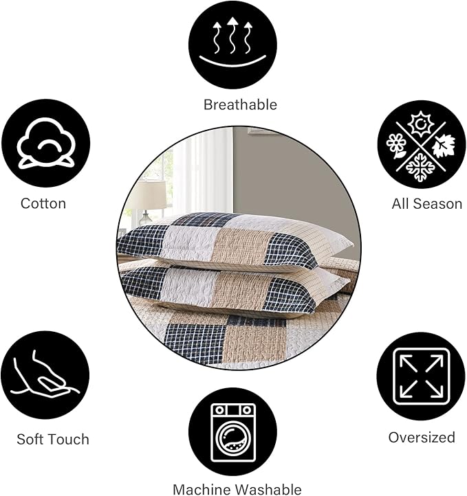 PANGUSHAN Quilts Set Queen Size,100% Cotton Quilt,Patchwork Plaid Queen Quilt Bedding Set Bedspread,Farmhouse Rustic Lightweight Comforter for Queen Bed,Cream/Brown/Blue-Black/Off-White Bed Spread