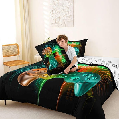 Feelyou Gamer Comforter Kids Gaming Video Game Comforter Set for Boys Teens Noverlty Modern Gamepad Bedding Set Breathable Gamer Console Bedding Duvet Set Bright Orange Green Room Decor Toddler Size