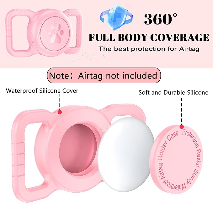 Waterproof Silicone AirTag Holder for Dog Collar, Pink | Full waterproof seal | Fits Most Collars | Soft Durable Silicone | Anti-loss Secure Fit | Lightweight & Signal-friendly