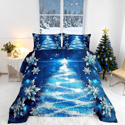 Feelyou Blue Christmas Comforter Set Queen Size Christmas Tree Bedding Set Glitter Snowflake Comforter Microfiber Kids Adults Holiday Winter Duvet Quilt Xmas Room Decor