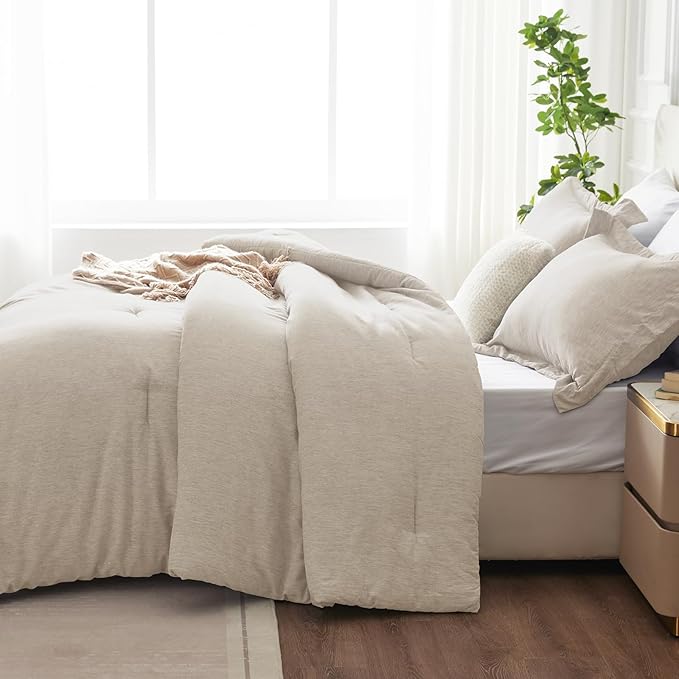 CozyLux Queen Comforter Set, 3 Pieces Beige Soft Luxury Cationic Dyeing Comforters Queen Size Bedding Sets, Breathable Lightweight Fluffy Bed Set with 1 Down Alternative Comforter and 2 Pillow Shams