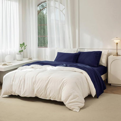 JIYUAN Full Size Sheet Set, 4-Piece - 100% Washed Cotton, Linen-Like Soft & Breathable, Includes Deep Pocket Fitted & Flat Sheet with 2 Pillowcases, Hotel Quality, Solid Navy Blue