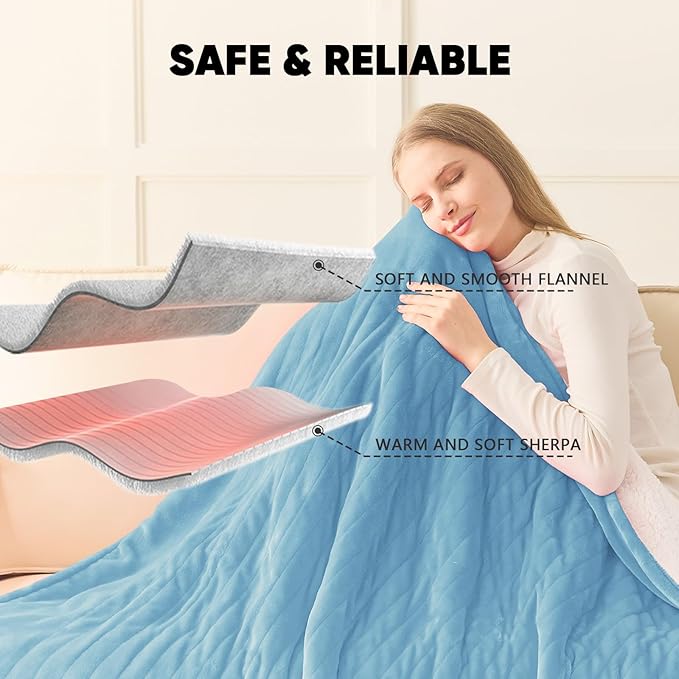 greenoak Heated Blanket Electric Full 72"X84", Heating Blankets with 10 Heat Levels 8 Hours Auto-Off, Soft Flannel Sherpa Fluffy House Warming Gifts for Grandma Seniors Momt, Pale Blue