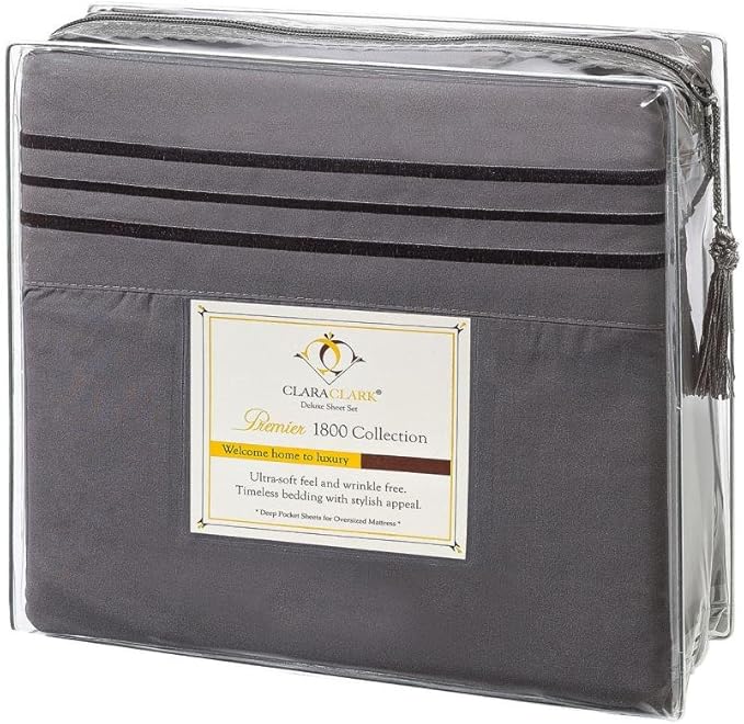 Clara Clark Bed Sheets, Premier 1800 Series 4 Piece Bed Sheet Set, Deep Pocket, Wrinkle, Fade, Stain Resistant, Luxury Soft Bedding Sheets & Pillowcases, Split King, Charcoal Gray