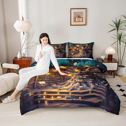 Mysterious Bookshelf Comforter Set with 2 Pillowcases,Trees and Books Super Soft Microfiber Bedding Set for Adults Teens,Fantasy Fairy Tale Style Duvet Set for Room Decor,King