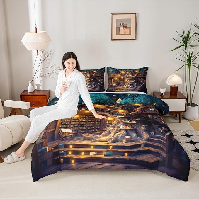 Mysterious Bookshelf Kids Comforter Set,Fantasy Fairy Tale Style Down Alternative Adults Room Decor,Trees and Books Ultra Soft Microfiber Inner Fill 3Pcs Bedding Queen Size
