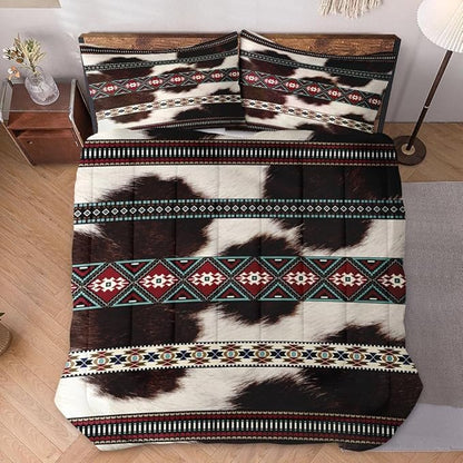 Full Size Comforter Set with 2 Pillowcases, Western Retro Cow Cowhide Print 3 Pcs Bedding for Kids and Adults, Vintage Fur Animal Soft Comforter Set for Bedroom Bed Decor