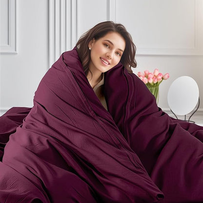NEXHOME PRO 100% Washed Cotton Duvet Cover Queen Size, Ogranic Natural Linen Feel Breathable Bedding Set with Zipper Closure, 3 Pieces Duvet Cover Set Wine (No Comfortert) 9090