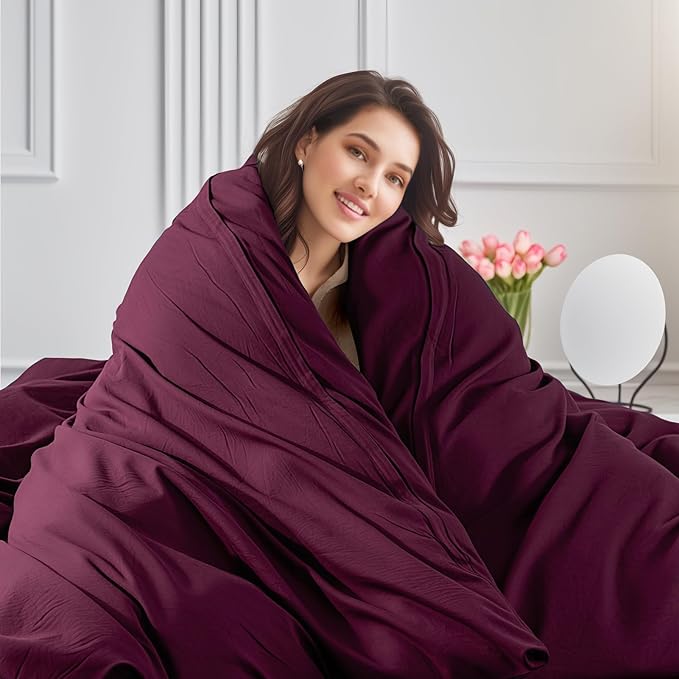 NEXHOME PRO 100% Washed Cotton Duvet Cover Twin Size, Ogranic Natural Linen Feel Breathable Bedding Set with Zipper Closure, 2 Pieces Duvet Cover Set Wine (No Comfortert) 6890