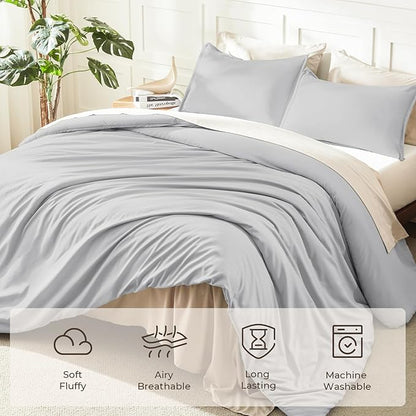 Litanika Comforters Light Grey Oversized Queen Size, 3 Pieces Lightweight Solid Bedding Comforter Set, All Season Fluffy Bed Set (98x98In Comforter & 2 Pillowcases)