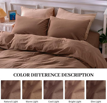 NEXHOME PRO Duvet Cover Set 100% Washed Cotton Full Size Linen Feel Textured Organic Natural 3 Pieces Bedding Set Mocha Brown with Zipper Closure and Corner Ties, Breathable (No Comforter)