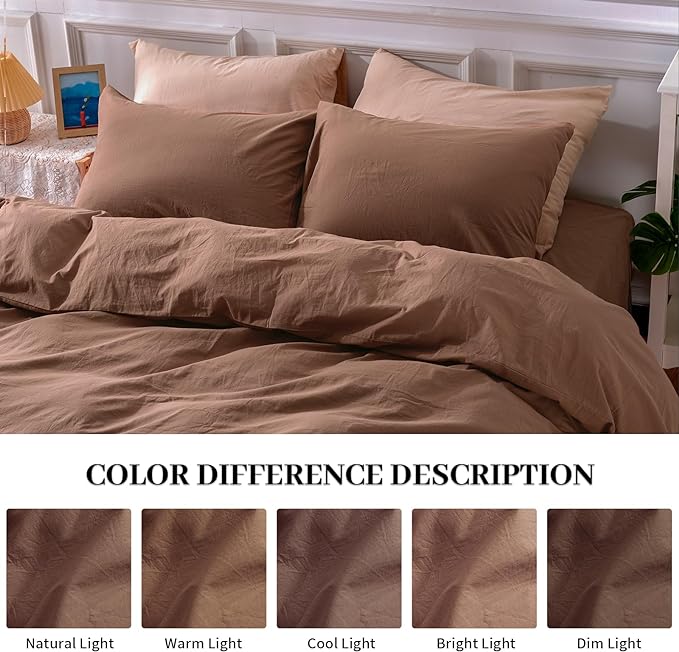NEXHOME PRO Duvet Cover Set 100% Washed Cotton California King 104"x98", Organic Natural Linen Look Textured 3 Pieces Bedding Set Mocha Brown with Zipper Closure,Soft(No Comforter)