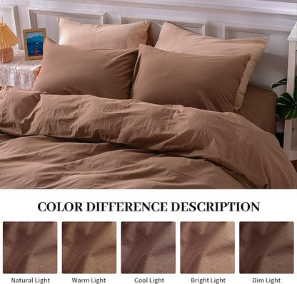 NEXHOME PRO Duvet Cover Set 100% Washed Cotton California King 104"x98", Organic Natural Linen Look Textured 3 Pieces Bedding Set Mocha Brown with Zipper Closure,Soft(No Comforter)