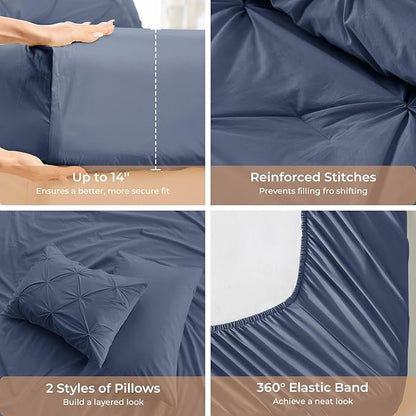 Sasttie California King Comforter Set, 7-Piece Bed in a Bag Cal King, Pintuck Bedding Set for All Season, Includes Comforter, Flat Sheet, Fitted Sheet, Pillowcases and Pillowshams, Indigo Blue