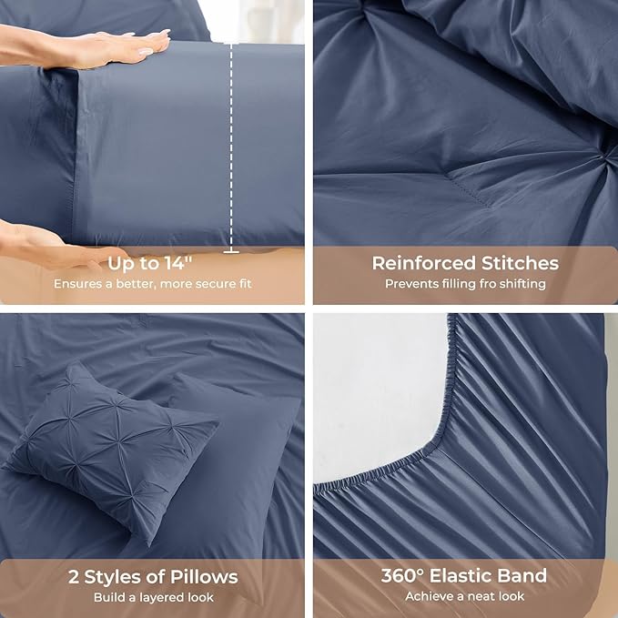 Sasttie Full Size Comforter Set, 7-Piece Bed in a Bag Double, Pintuck Bedding Set for All Season, Includes Comforter, Flat Sheet, Fitted Sheet, Pillowcases and Pillowshams, Indigo Blue