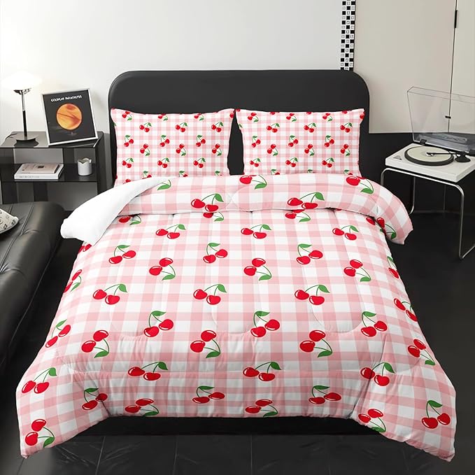 Red Cherry Gingham Bedding King Size,Cute Cherry Fruit Comforter Set for Kids Girls Women,3Pcs Pink Grid with Summer Fruit Bedding for Girls,Kawaii Plaid Quilt 1 Comforter 2 Pillowcases