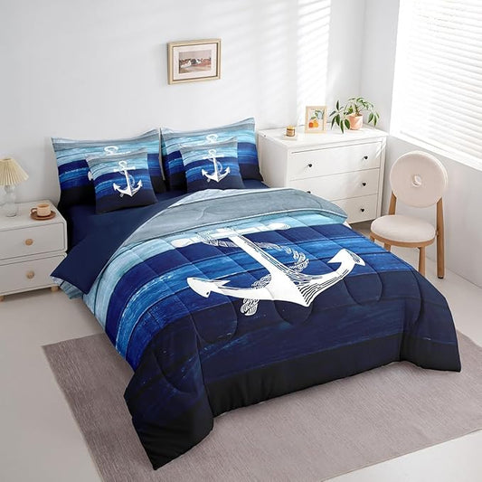 Castle Fairy Sailing Anchor Bedding Sets with Sheets,Comforter,Pillowcases,Pillow Covers 7 Pcs Nautical Theme Simple Decorative Comforter Set for Kids Teens Adults Bedroom Dorm Bed Set King Size