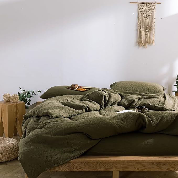 VM VOUGEMARKET 100% Cotton Muslin Duvet Cover King Size 3-Layer Guaze Textured Bedding Set,Ultra Soft Breathable Textured Linen Like Comforter Cover with Zipper&Ties-Olive Green