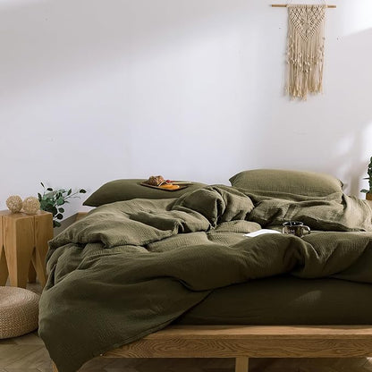 VM VOUGEMARKET 100% Cotton Muslin Duvet Cover King Size 3-Layer Guaze Textured Bedding Set,Ultra Soft Breathable Textured Linen Like Comforter Cover with Zipper&Ties-Olive Green